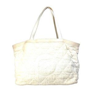 CHANEL Beach Bag Pile CC Coco Mark Shoulder Tote Cotton Leather Women's White